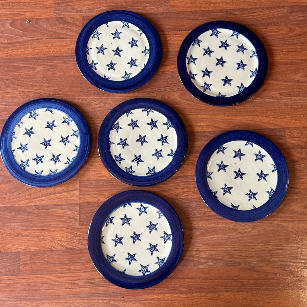 Marshall Pottery Dinner Plates Set of 6 Blue Star 10.5" Cobalt Stoneware 1999